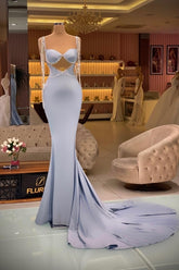 Charming Blue Mermaid Spaghetti Strap Sweetheart Sleeveless Beaded Satin Sweep Train Prom Dresses With Tassels